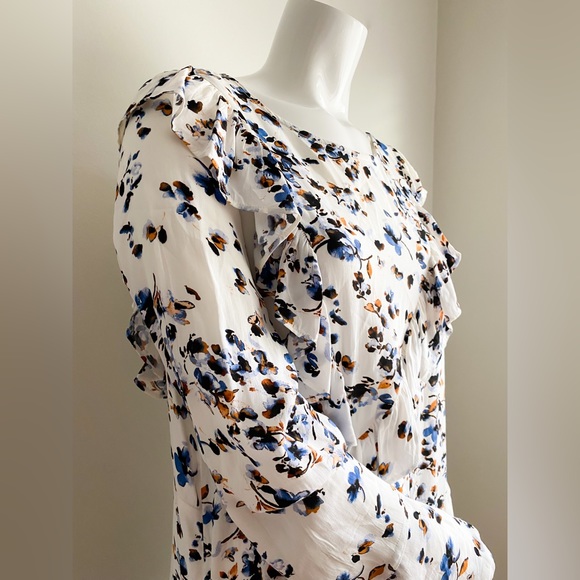 Treasure & Bond Floral Midi Ruffle Long Sleeves Dress White Blue Orange Celeb M - Picture 2 of 12